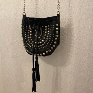 Urban Outfitters Black Leather and Fringe Crossbody Studded Bucket Bag